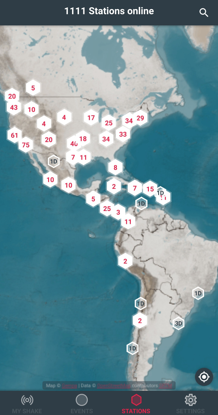 Raspberry Shake App - map with seismographs