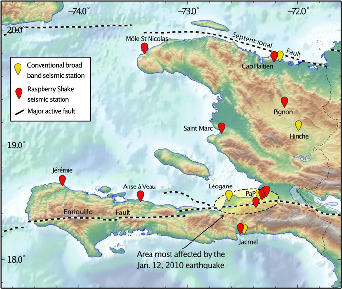 Map of Haiti showing Raspberry Shake seismograph stations