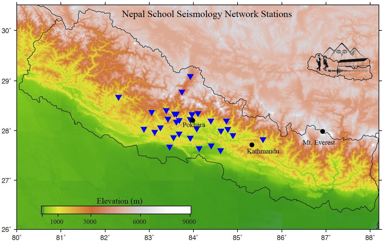 Map of Nepal showing the locations of the NSSN seismic stations for earthquake monitoring