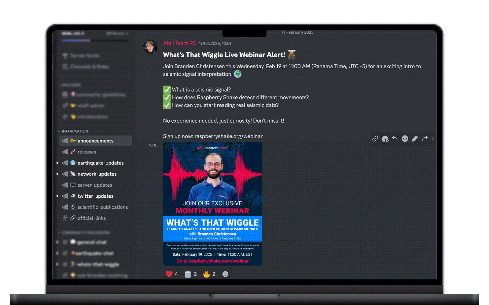 discord-info-animate-min Different sections of the Raspberry Shake Discord server where the user can get information